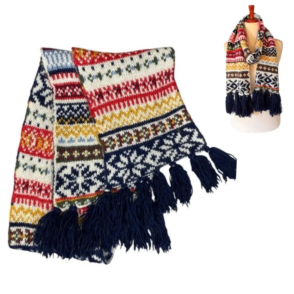 Old Navy Fair Isle Multicolor Knit Scarf 9”X 72” Navy Red Yellow Wool Nordic